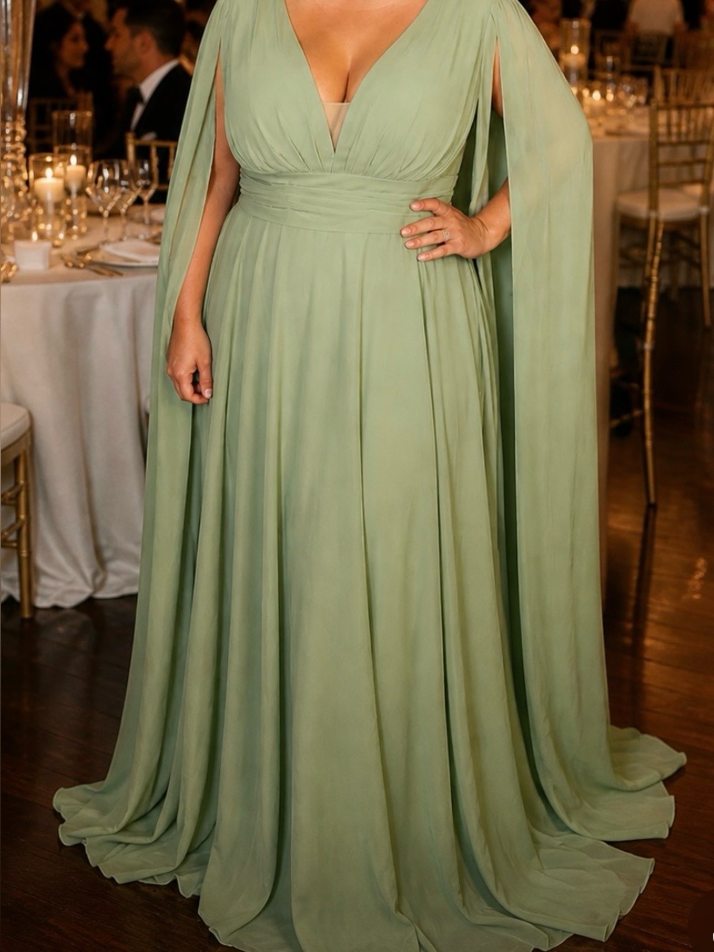 Elegant V-Neck Chiffon Maxi Dress with Cloak Sleeves